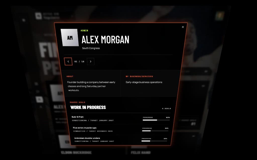 Member profile showing bio, business services, and shared goals with progress